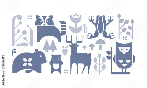 Flat vector set of monochrome forest icons. Cute cartoon animals and plants. Decorative elements for book or postcard