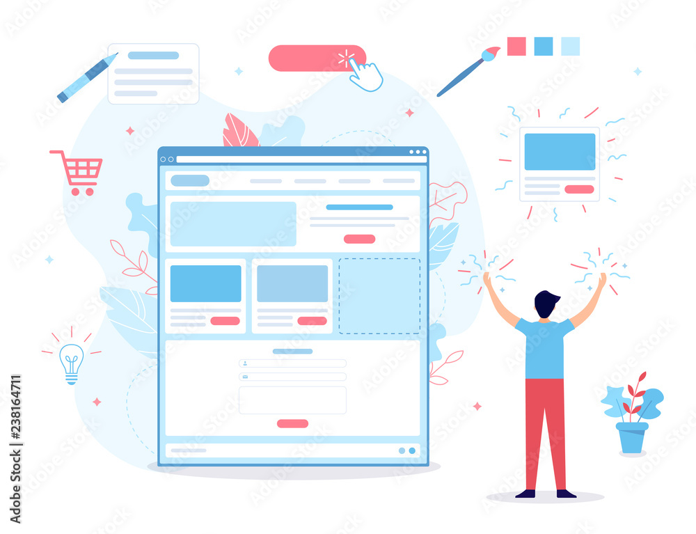A man creates his own website. It's magic. Website builder concept. Web development. Flat vector illustration. A man creates his own website. It's magic. Website builder concept. Web development. Flat vector illustration.