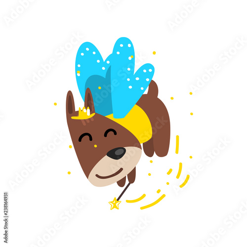 Cute funny winged dog with a magic wand, fantasy fairy tale animal cartoon character vector Illustration