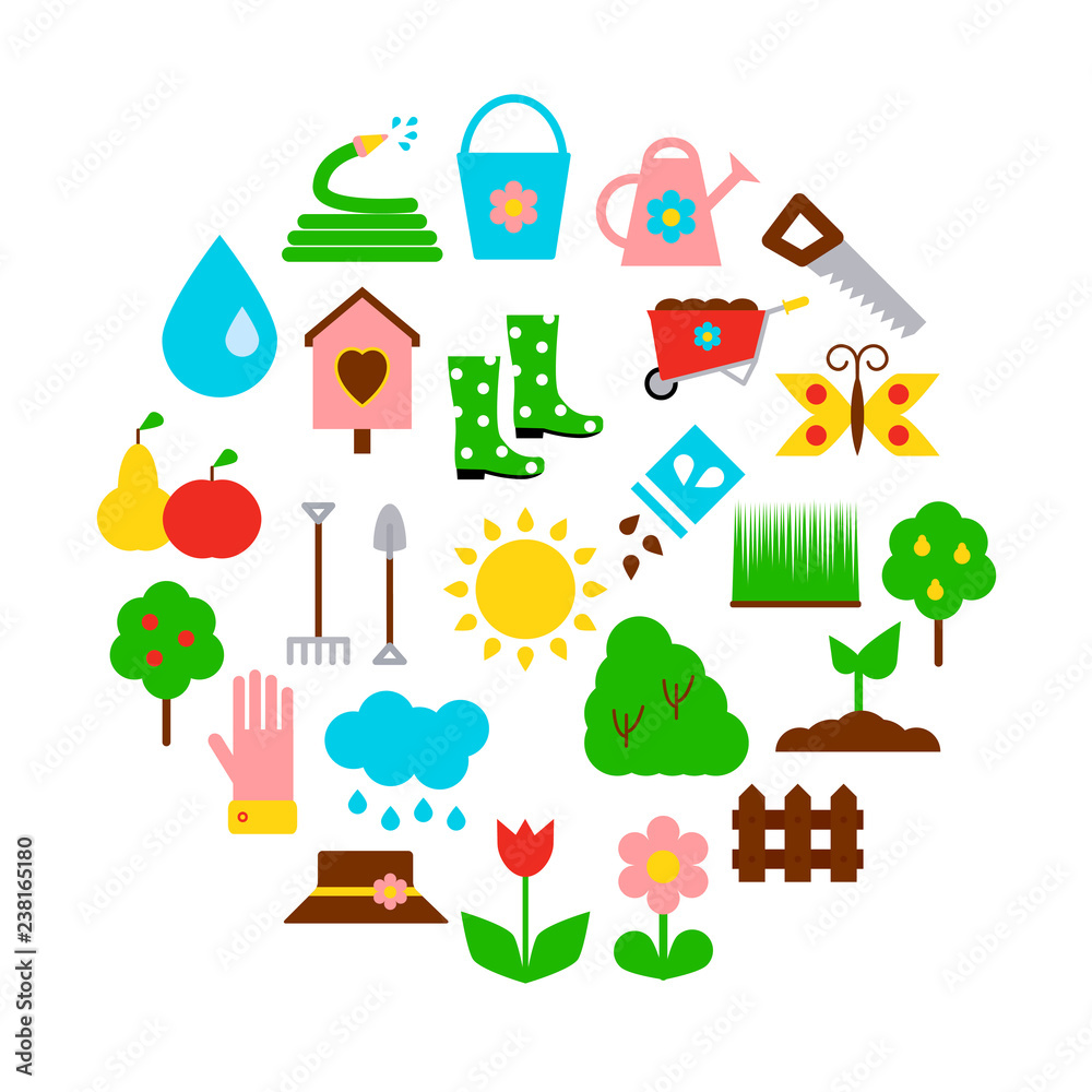 Fototapeta premium Concept with garden icons in the circle. Vector illustration in flat style