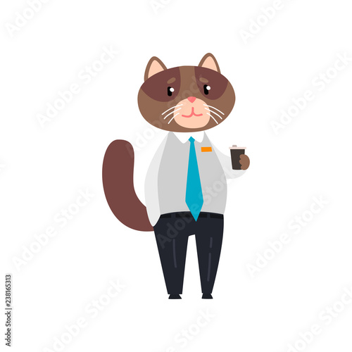 Businessman cat standing with cup of tea, humanized animal cartoon character at work vector Illustration