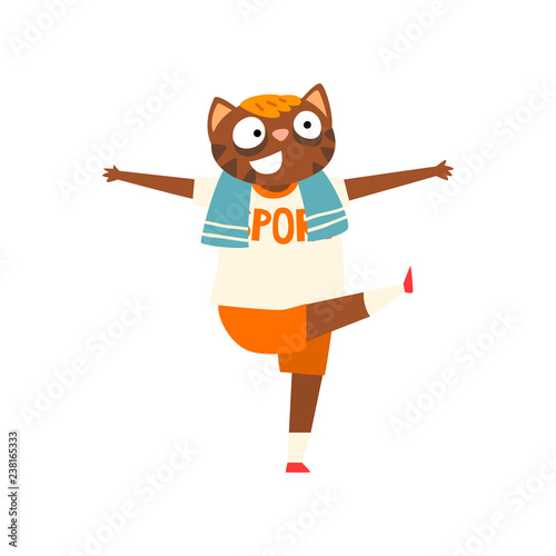Funny cat doing morning exercises, humanized animal cartoon character vector Illustration on a white background