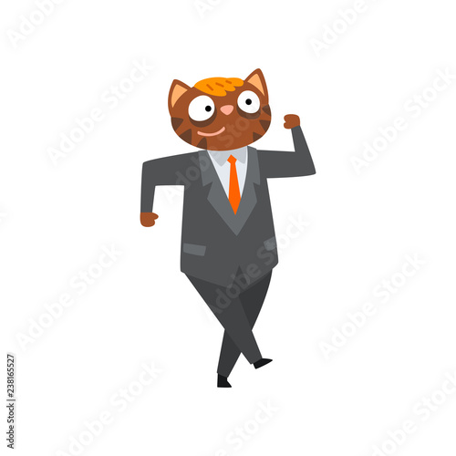 Funny businessman cat in a suit, humanized animal cartoon character at work vector Illustration