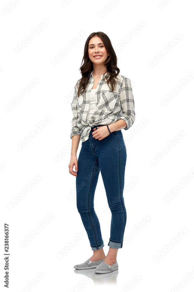 t-shirt design and people concept - happy young woman or teenage girl over white background t-shirt design and people concept - happy young woman or teenage girl over white background