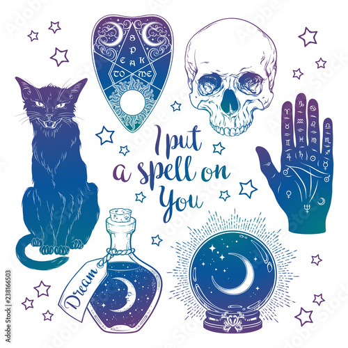 Magic set - planchette, skull, palmistry hand, crystal ball, bottle and black cat hand drawn art isolated. Ink style boho chic sticker, patch, flash tattoo or print design vector illustration.