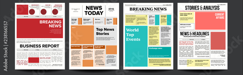 Newspaper Cover Set Vector. With Headline, Images, Page Articles. Newsprint, Reportage Information. Press Layout. Daily Journal Design. Financial News Articles, Advertising Business Information photo