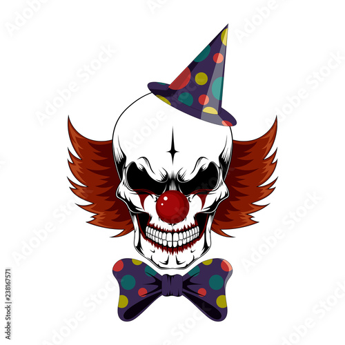Clown skull with red hair in a hat and bow tie.