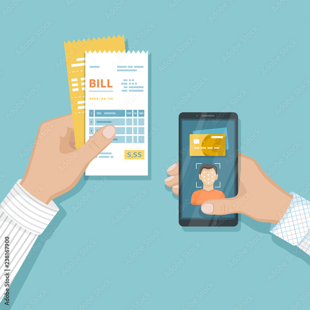 Payment for goods and services using Face Recognition And Identification, Face ID on smartphone. Online bill payment via phone. Mobile phone with Biometric identification, bills in hand Vector Payment for goods and services using Face Recognition And Identification, Face ID on smartphone. Online bill payment via phone. Mobile phone with Biometric identification, bills in hand Vector