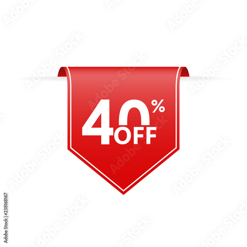 40 percent off. Sale tag ribbon or pennant. Price off and discount badge. Vector illustration.