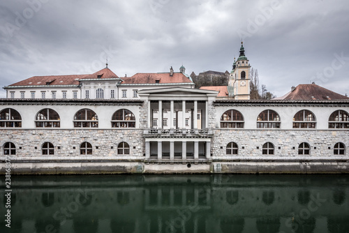 Ljubljana in Slovenia on a cloudy day - River, bund, Ljubljana Castle