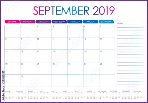 September 2019 desk calendar vector illustration
