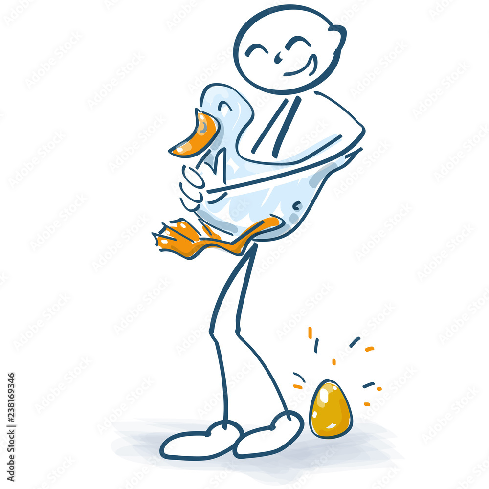 Strichmännchen mit einer Gans auf den Arm und einem goldenen Ei