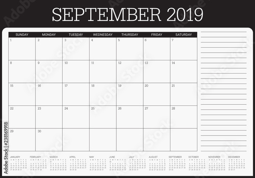 September 2019 desk calendar vector illustration