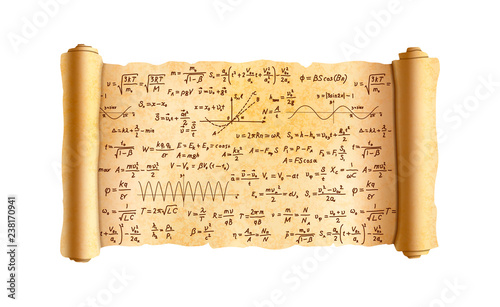 Old textured wide papyrus scroll with lot of hand-drawn complicated scientific formulas and calculations on white