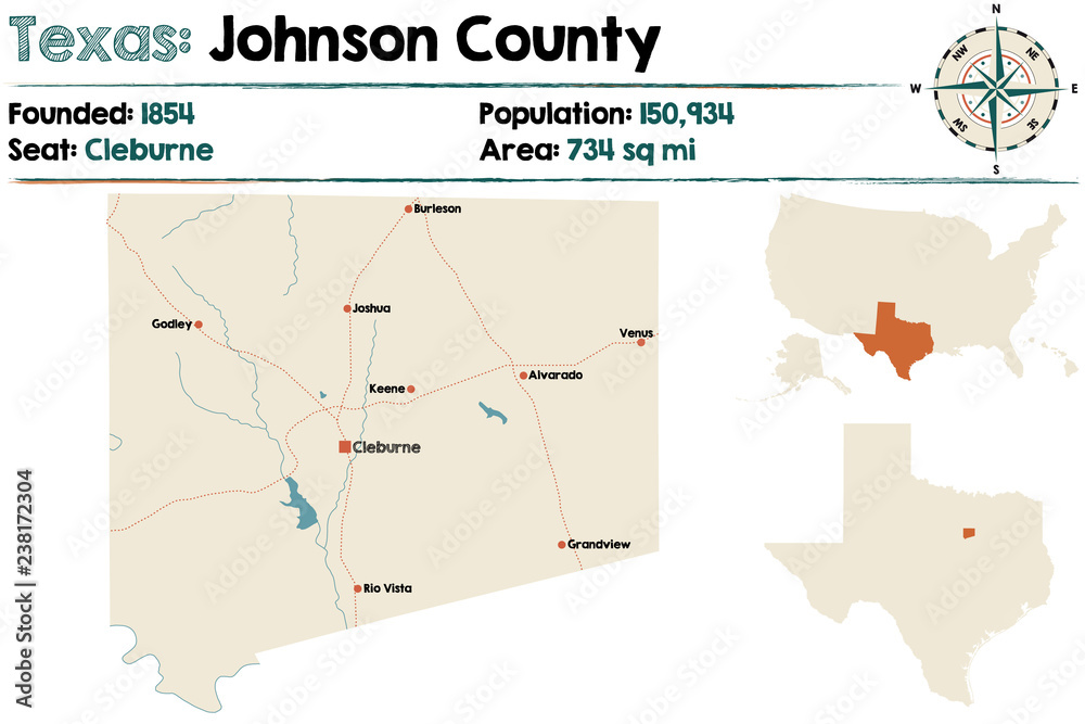 Detailed map of Johnson County in Texas, USA