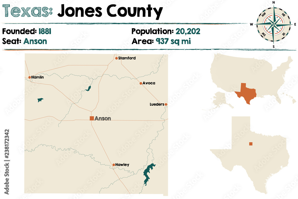 Detailed map of Jones County in Texas, USA