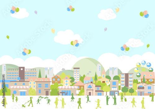 街並み　風船　イラスト