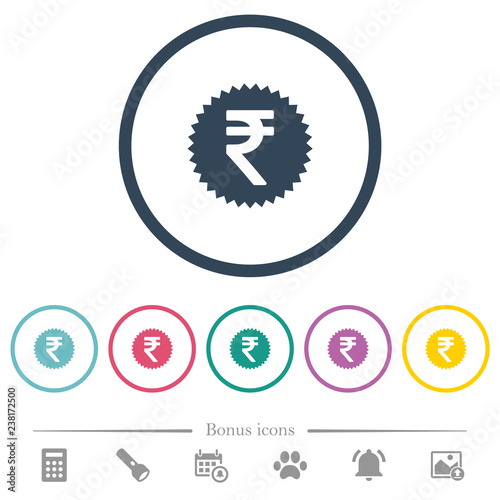 Indian Rupee sticker flat color icons in round outlines