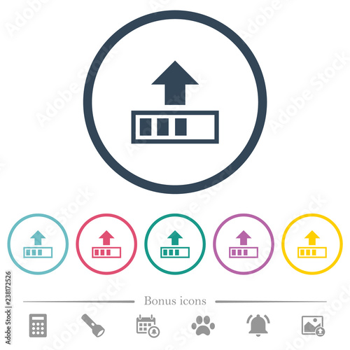 Upload in progress flat color icons in round outlines