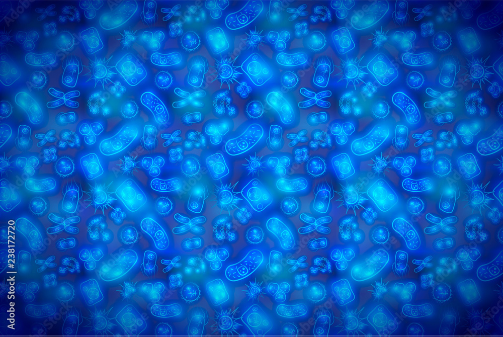 Bright glowy biology cells, bacterias and virus in blue water, wide scientistic background Bright glowy biology cells, bacterias and virus in blue water, wide scientistic background