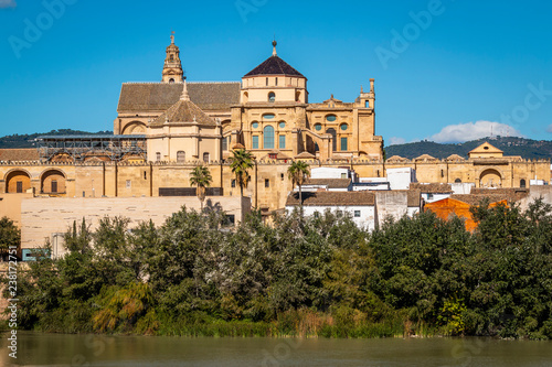 Exterior of Mezquita (mosque- cathedral) with fence and lush green trees on shore of Guadalquivir river in Cordoba, Spain