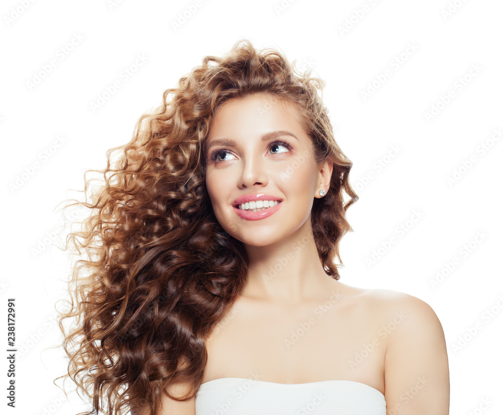 Beautiful smiling woman long wavy hair isolated on white. Happy girl looking up Beautiful smiling woman long wavy hair isolated on white. Happy girl looking up