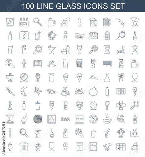 glass icons. Trendy 100 glass icons. Contain icons such as spray bottle, clean window, telescope, window, ice cream, fragile cargo, cocktail, milkshake. glass icon for web and mobile.
