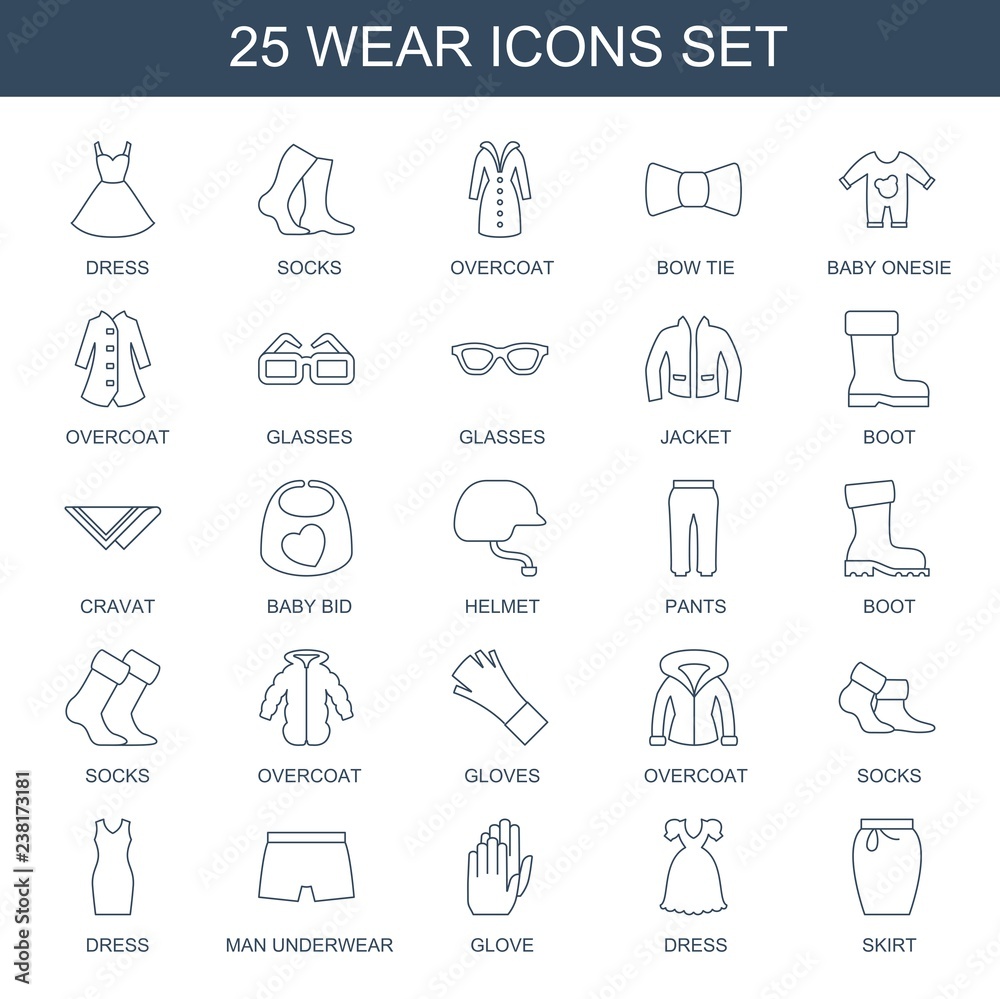 25 wear icons. Trendy wear icons white background. Included line icons such as dress, socks, overcoat, bow tie, baby onesie, glasses, jacket, boot. wear icon for web and mobile.