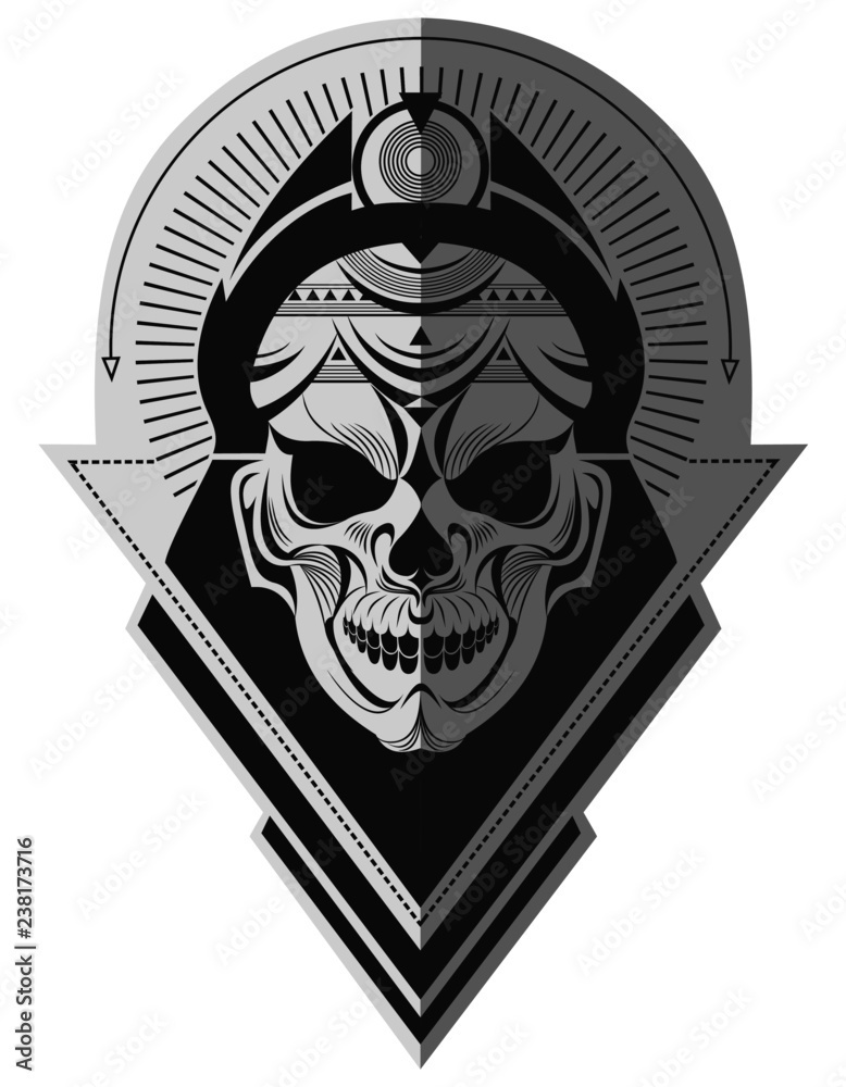 Fototapeta premium Decorative black and white alien skull flat paper memorable art for sticker, tattoo or t-shirt printing