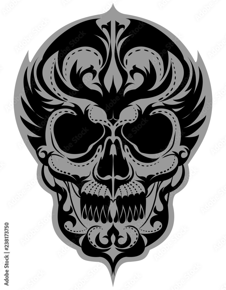 Decorative black and white skull art for tattoo, sticker or t-shirt printing