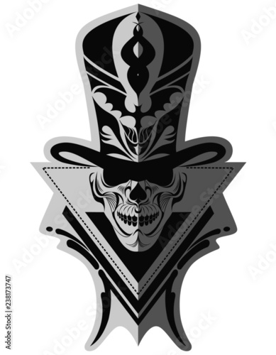 Decorative black and white rockabilly skull in top hat memorable bizarre art for sticker, tattoo or t-shirt printing