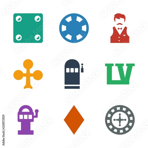 vegas icons. Trendy 9 vegas icons. Contain icons such as Roulette, Diamonds, slot machine, Vegas, Clubs, Casino boy, casino chip, Dice. vegas icon for web and mobile.