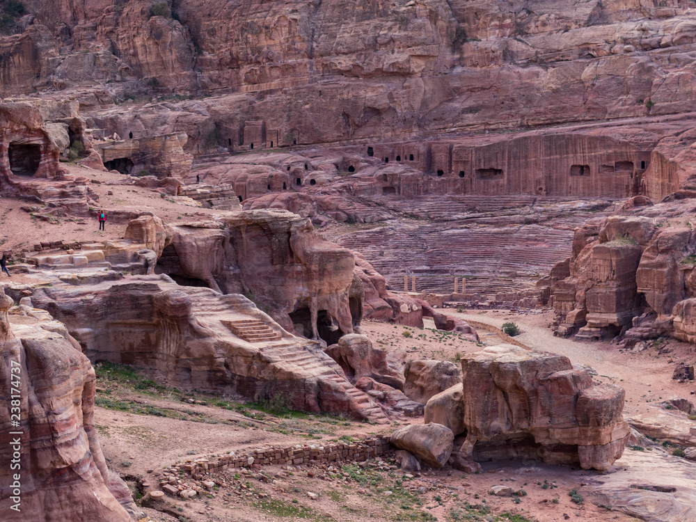 Aerial view of the amphitheater, and stone caves in Petra, Jordan