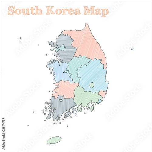 South Korea hand-drawn map. Colorful sketchy country outline. Outstanding South Korea map with provinces. Vector illustration.