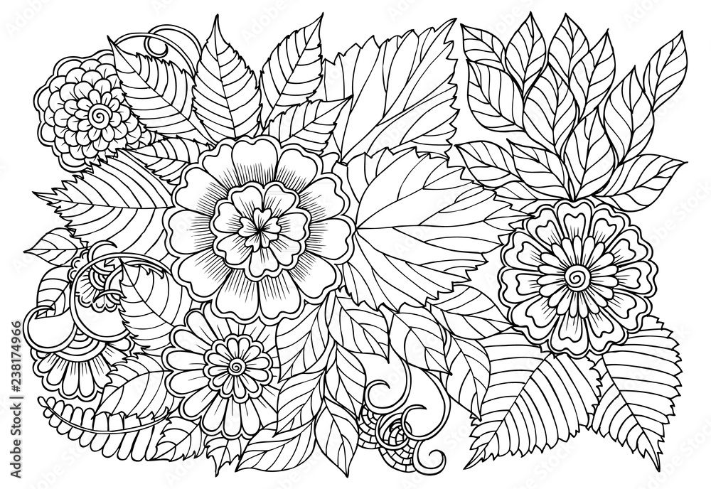 Obraz premium Flower pattern in black and white for adult coloring book. Can use for print , coloring and card design