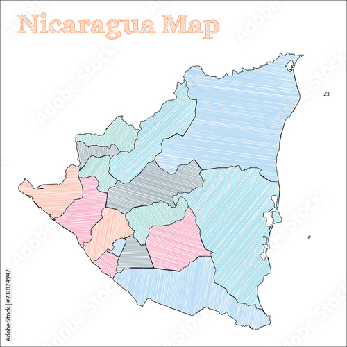 Nicaragua hand-drawn map. Colorful sketchy country outline. Uncommon Nicaragua map with provinces. Vector illustration.