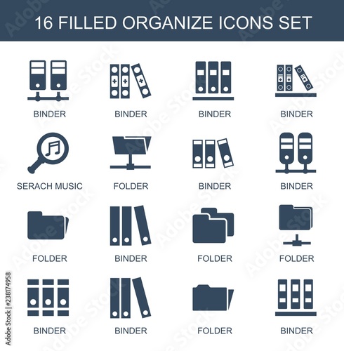 organize icons. Trendy 16 organize icons. Contain icons such as binder, serach music, folder. organize icon for web and mobile.