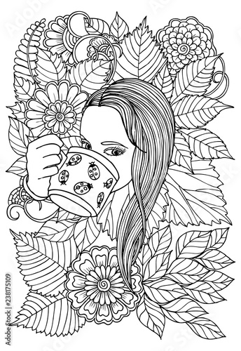 Girl and flowers. Page for coloring book. Doodles in black and white