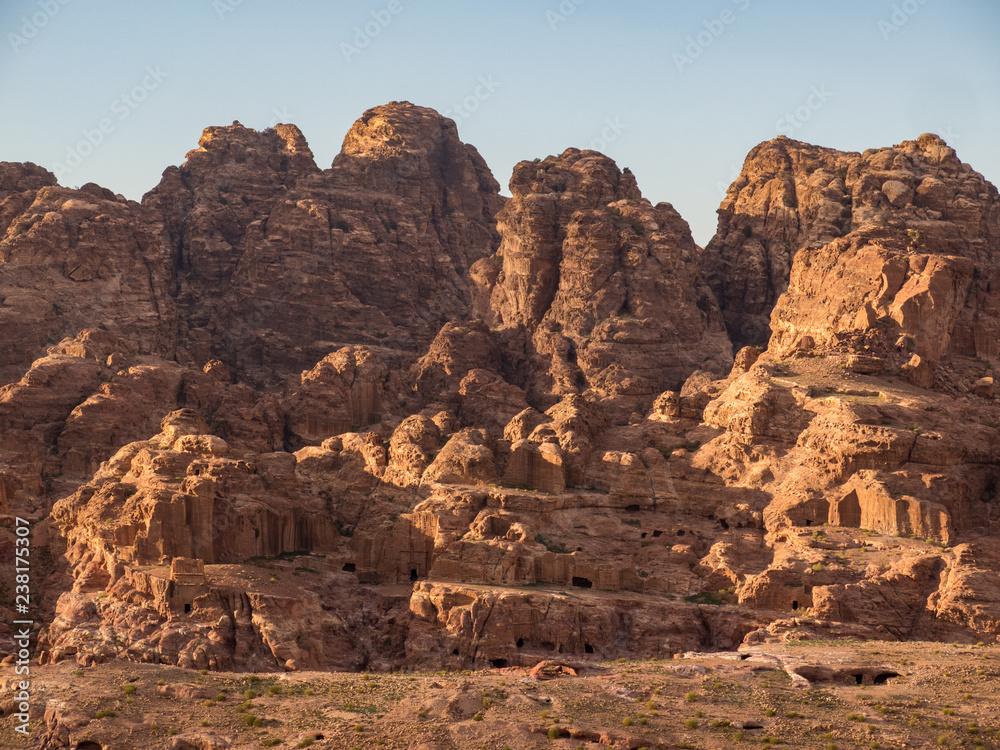 Landscape view of Petra, Jordan with lots of burial caves