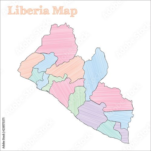 Liberia hand-drawn map. Colourful sketchy country outline. Popular Liberia map with provinces. Vector illustration.