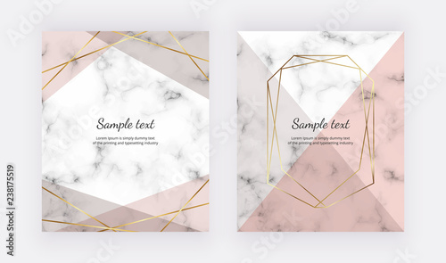 Geometric design with pink triangles, golden lines on the marble texture. Golden polygonal frame. Modern background for wedding invitation, banner, card, flyer, poster, save the date