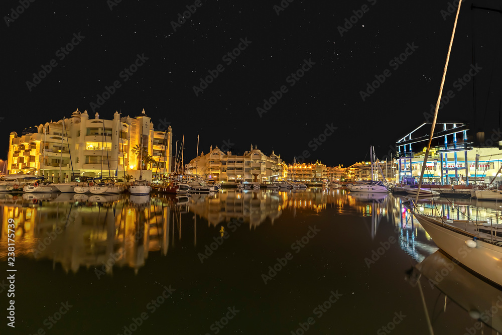 Benalmadena mediterranean port village. Yacht harbor, marina pier and boat, dock yachts and vessels in Benalmadena, Malaga