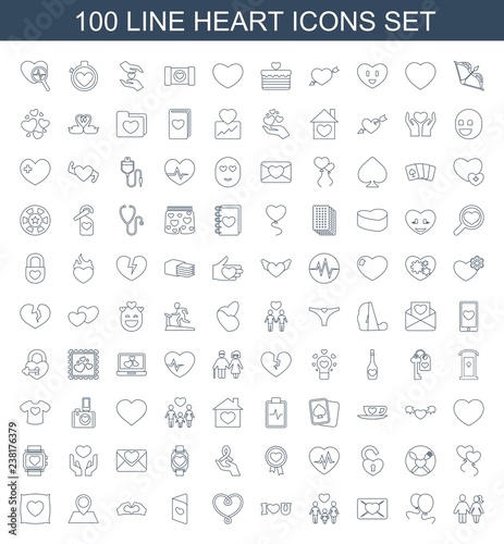 100 heart icons. Trendy heart icons white background. Included line icons such as couple, heart baloons, love letter, family, I love you, love card. heart icon for web and mobile.