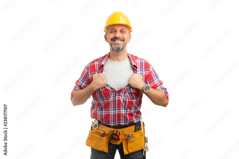Builder revealing copyspace under shirt. Builder revealing copyspace under shirt.