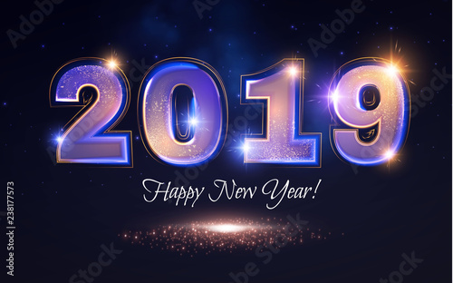 Happy New 2019 Year Elegant Shining Number. Typography Design. Holiday Banner with Light Effect.