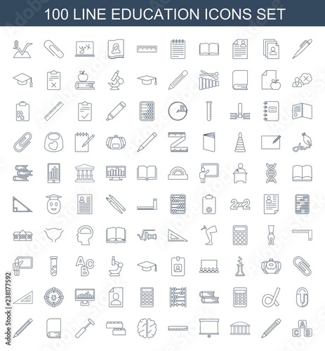100 education icons. Trendy education icons white background. Included line icons such as ABC cube, pencil, observatory, board, ruler, brain. education icon for web and mobile.