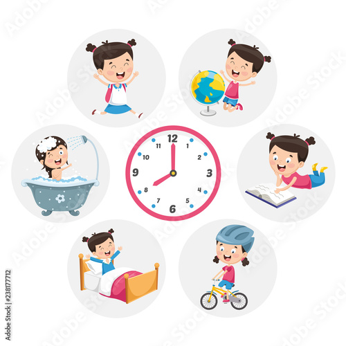 Vector Illustration Of Kid Daily Routine Activities