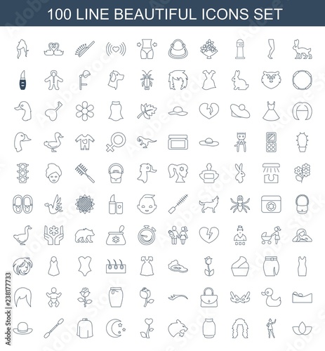 100 beautiful icons. Trendy beautiful icons white background. Included line icons such as lotus, dancing woman, hairstyle, skirt, panther, heart flower. beautiful icon for web and mobile.