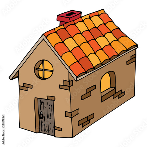 Fairy-tale, cartoon house. Vector illustration of a rustic house. Hand drawn house with wooden door and the round window.