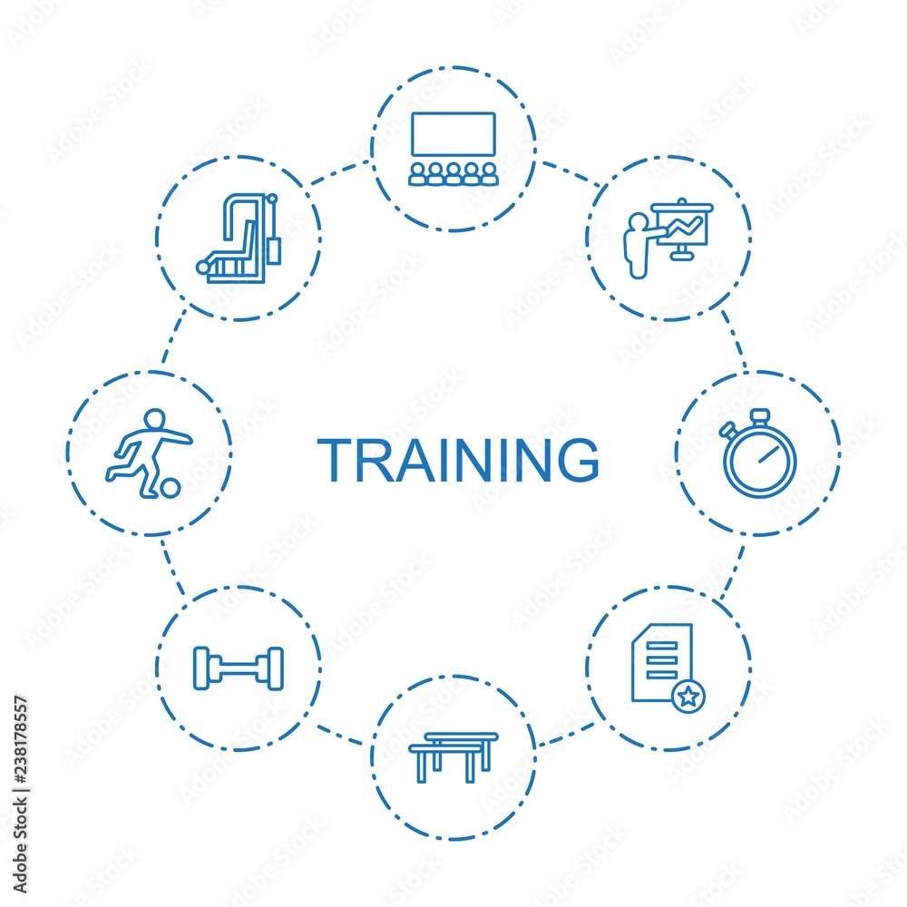 8 training icons. Trendy training icons white background. Included outline icons such as classroom, horizontal bar, teacher, gym equipment, diploma. training icon for web and mobile. 8 training icons. Trendy training icons white background. Included outline icons such as classroom, horizontal bar, teacher, gym equipment, diploma. training icon for web and mobile.